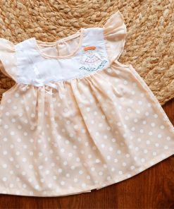 Cotton Back Button Frock - Peach White Dot - DFK