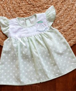 Cotton Back Button Frock - Green White Dot - DFK