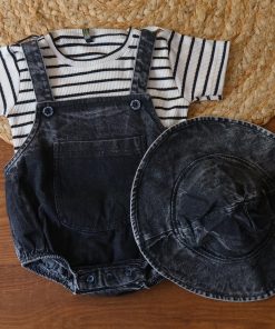 Girls Casual Two Piece Frock - White and Black Strip with Black Denim - FRK