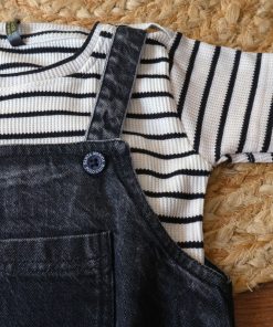 Alternative view of Girls Casual Two Piece Frock - White and Black Strip with Black Denim - FRK