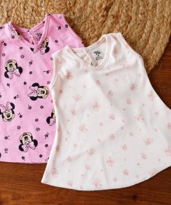 Premium Knitted Cotton Daily Wear Frock - Combo Pack of 2 - Rose with Mickey Head + Light Pink Floral - DFK