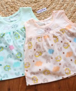 Cotton Back Button Frock - Combo Pack of 2 - Cat and Rainbow - Green + Peach - DFK