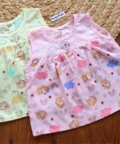 Cotton Back Button Frock - Combo Pack of 2 - Cat and Rainbow - Pink + Yellow - DFK