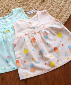 Cotton Back Button Frock - Combo Pack of 2 - Ice Cream - Peach + Green - DFK