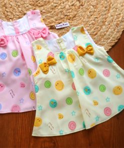 Cotton Back Button Frill Frock - Combo Pack of 2 - Smiley - Yellow + Pink - DFK