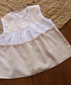 Cotton Back Button Frock - Peach with White Dot - DFK
