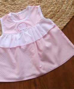 Cotton Back Button Frock - Pink with White Dot - DFK