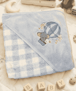Micro Fiber Hooded Blanket - 85x85cm - Blue Check with Elephant on Parachute - HBL