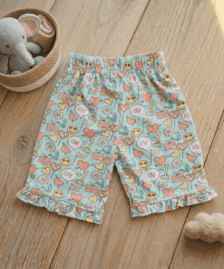 Girls Daily Wear 3/4th Shorts - Light Green with Heart and Smiley - GDS1