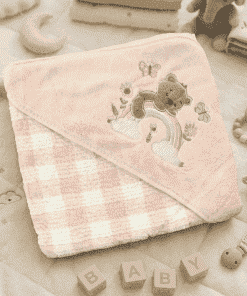 Micro Fiber Hooded Blanket - 85x85cm - Pink Check with Rainbow and Teddy - HBL