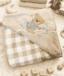 Micro Fiber Hooded Blanket - 85x85cm - Beige Check with Teddy and Guitar - HBL