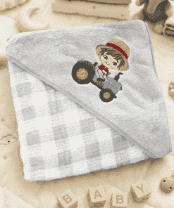 Micro Fiber Hooded Blanket - 85x85cm - Ash Check with Boy on Tractor - HBL
