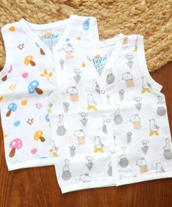 Organic Muslin Cotton Jhabla - Pack of 2 - Mushroom + Grey Animals - JH1