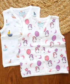 Organic Muslin Cotton Jhabla - Pack of 2 - Penguin + Boat - JH1