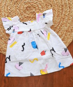 Cotton Frock  - White with Color Splash Print - DFK