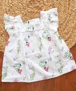 Cotton Frock  - White with Green and Pink Print - DFK