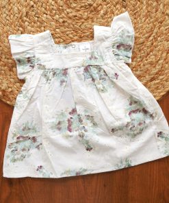 Cotton Frock  - White with Green  Print - DFK