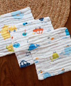 Muslin Face Towel Combo (Set of 3) - Yellow Moon + Cars + Blue Whale - FT1