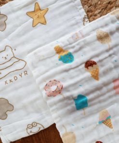 Premium Crinkled Muslin Face Towel Set of 2 (25x25cm) - Line Teddy - Ice Cream - FT1 - Image 2