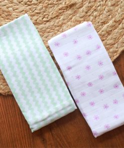 Muslin Premium Bath Towel - Combo Pack of 2 - Green Zigzag + Purple Flower - BT1