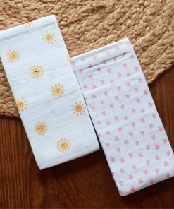 Muslin Premium Bath Towel - Combo Pack of 2 - Yellow Sun + Pink Heart - BT1