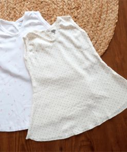 Premium Knitted Cotton Daily Wear Frock - Combo Pack of 2 - White with Brown Dot + Pink Flower - DFK
