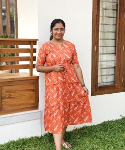 Maternity Casual Feeding Dress - Brick Red with White Leaf Print - MCFK