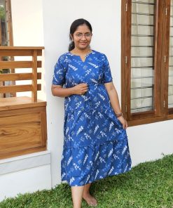 Maternity Casual Feeding Dress - Blue with White Leaf Print - MCFK