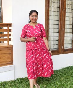 Maternity Casual Feeding Dress - Dark Magenta White Leaf Print - MCFK
