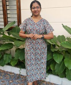 Maternity Feeding A-line Kurthy - Brown with Blue Leaf print - MFK