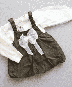 Girls Casual Frock - Dark Green and Off White - FRK