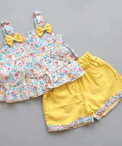 Premium Cotton Top and Shorts - Blue and Pink Floral with Yellow - GTSH