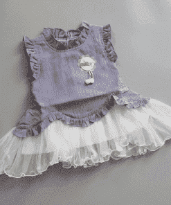 Girls Casual Frock - White Net with Lavender - FRK
