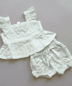 Premium Cotton Top and Shorts - Green with White Flower - GTSH