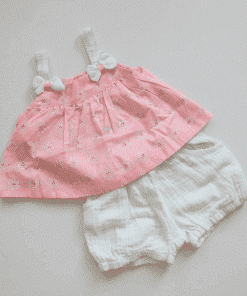 Premium Cotton Top and Shorts - Pink and Light Blue with White Flower - GTSH