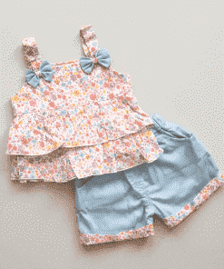Premium Cotton Top and Shorts - Blue and Pink Floral with Blue - GTSH