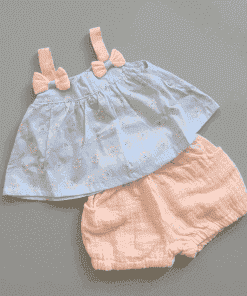 Premium Cotton Top and Shorts -Blue and Light Pink with White Flower - GTSH
