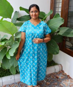 Maternity Feeding A-line Kurthy - Blue with White Floral Print - MFK