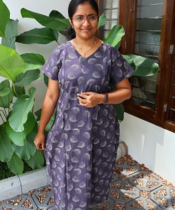 Maternity Feeding A-line Kurthy - Grey with White Leaf Print - MFK