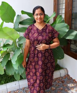 Maternity Feeding A-line Kurthy - Coffee Brown with Cream Print - MFK