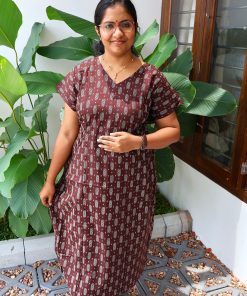 Maternity Feeding A-line Kurthy - Coffee Brown with White Ikath Print - MFK