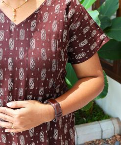 Alternative view of Maternity Feeding A-line Kurthy - Coffee Brown with White Ikath Print - MFK