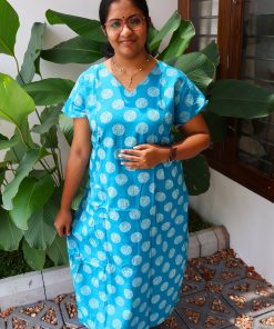 Maternity Feeding A-line Kurthy - Blue with White Round Print - MFK