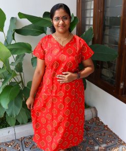 Maternity Feeding A-line Kurthy - Red with Cream and Green Print - MFK