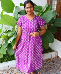 Maternity Feeding A-line Kurthy - Purple with  with White Floral Print - MFK