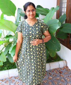 Maternity Feeding A-line Kurthy - Dark Green with Yellow print - MFK