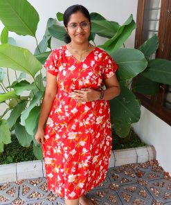 Maternity Feeding A-line Kurthy - Red with flower print - MFK