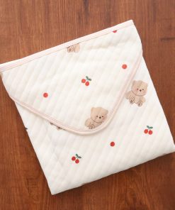 Soft Cotton Hooded Blanket - Cream with Brown Teddy and Cherry - HBL1