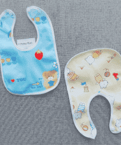 Cotton Bib - Set Of 2 -  Yellow with WhIte Bunny and Bear + Blue with Strawberry - BIB1