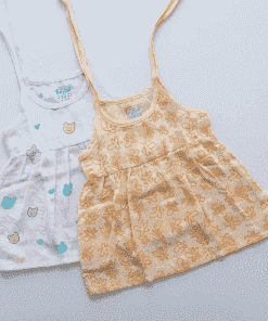 Organic Muslin Shoulder Knot Frock - Pack of 2 - Orange Floral + Pink Teddy Head - DFK